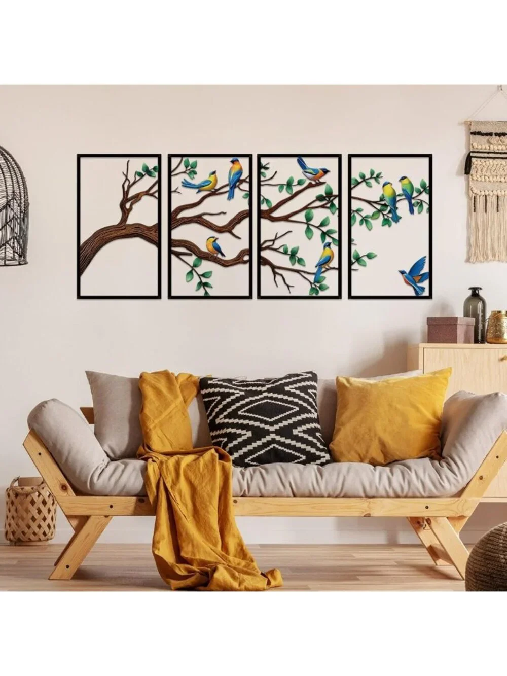 4-Piece Large Metal Birds & Branch Wall Art - Colorful Tree of Life Sculpture